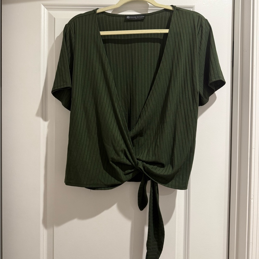 Fashion to Figure Olive Green Tie-Front Ribbed Crop Top
